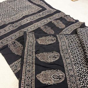 ajrak flower pattern, natural dye, handmade, made in pakistan, artisanal, sustainable fashion, black and white dye