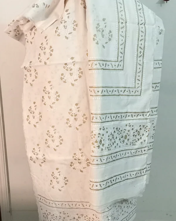 Hand-Block Printed Floral Buta Unstitched Cotton Fabric – Natural Sage & Gold Tones