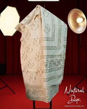 Hand-Block Printed Floral Buta Unstitched Cotton Fabric – Natural Sage & Gold Tones